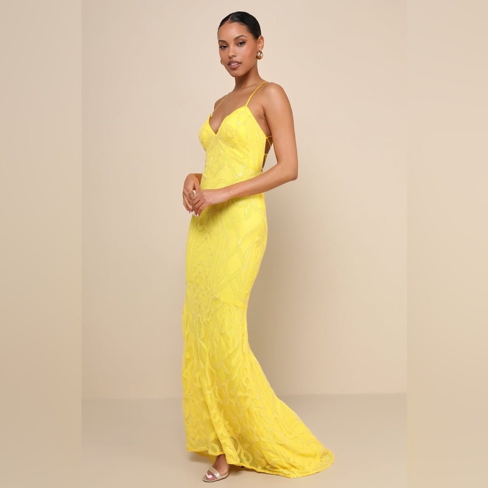 Lulu’s XS Perfect Enchantment Yellow Sequin Lace-Up Mermaid Maxi Dress